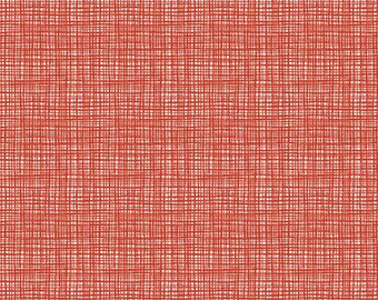 May include: Red and white fabric with a woven texture. The fabric has a subtle, almost distressed, look.