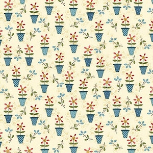 May include: A seamless pattern featuring a repeating design of red and yellow flowers in blue pots with green leaves on a cream background.