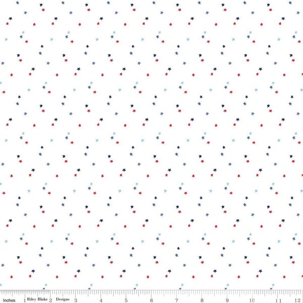 Seasonal Basics tiny red and blue stars on white half yard