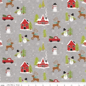 May include: A gray background with a repeating pattern of red houses, snowmen, reindeer, and Christmas trees. The pattern is perfect for a holiday fabric project.