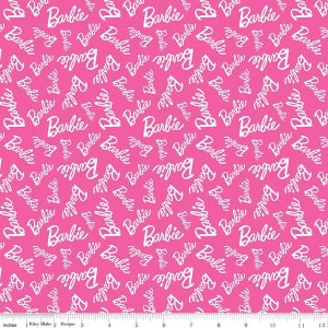 Barbie hot pink tossed barbie logo HALF YARD