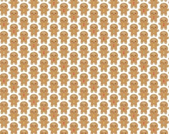 May include: A repeating pattern of gingerbread men on a white background. Each gingerbread man has a smiling face, a button, and a decorative design. The pattern is evenly spaced and covers the entire surface.
