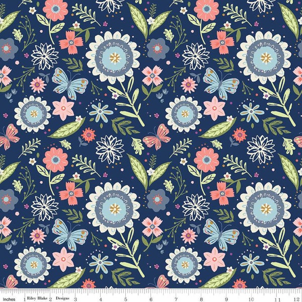 Butterfly Blossom Main Navy half Yard