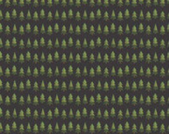 May include: A seamless fabric pattern featuring a repeating design of small green stylized pine trees on a dark charcoal background.