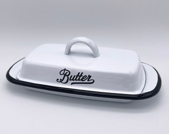 Amazing WHITE Enamelware Butter Dish Metal Vintage Style Distressed Rustic Country Farmhouse Kitchen