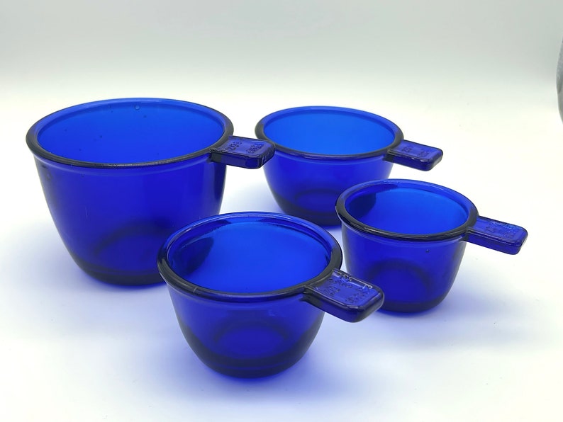 Nesting Vintage Style Stacking 4 Pc. Measuring Cups Set 1/4, 1/3, 1/2, 1 Cup Depression Style in Cobalt Blue Glass Color image 1