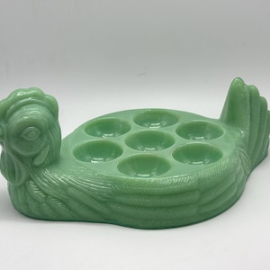 Glass Jadeite Green Vintage Depression Style Hen Egg Holder 7 Eggs Farmhouse Jade Deviled Egg Dish