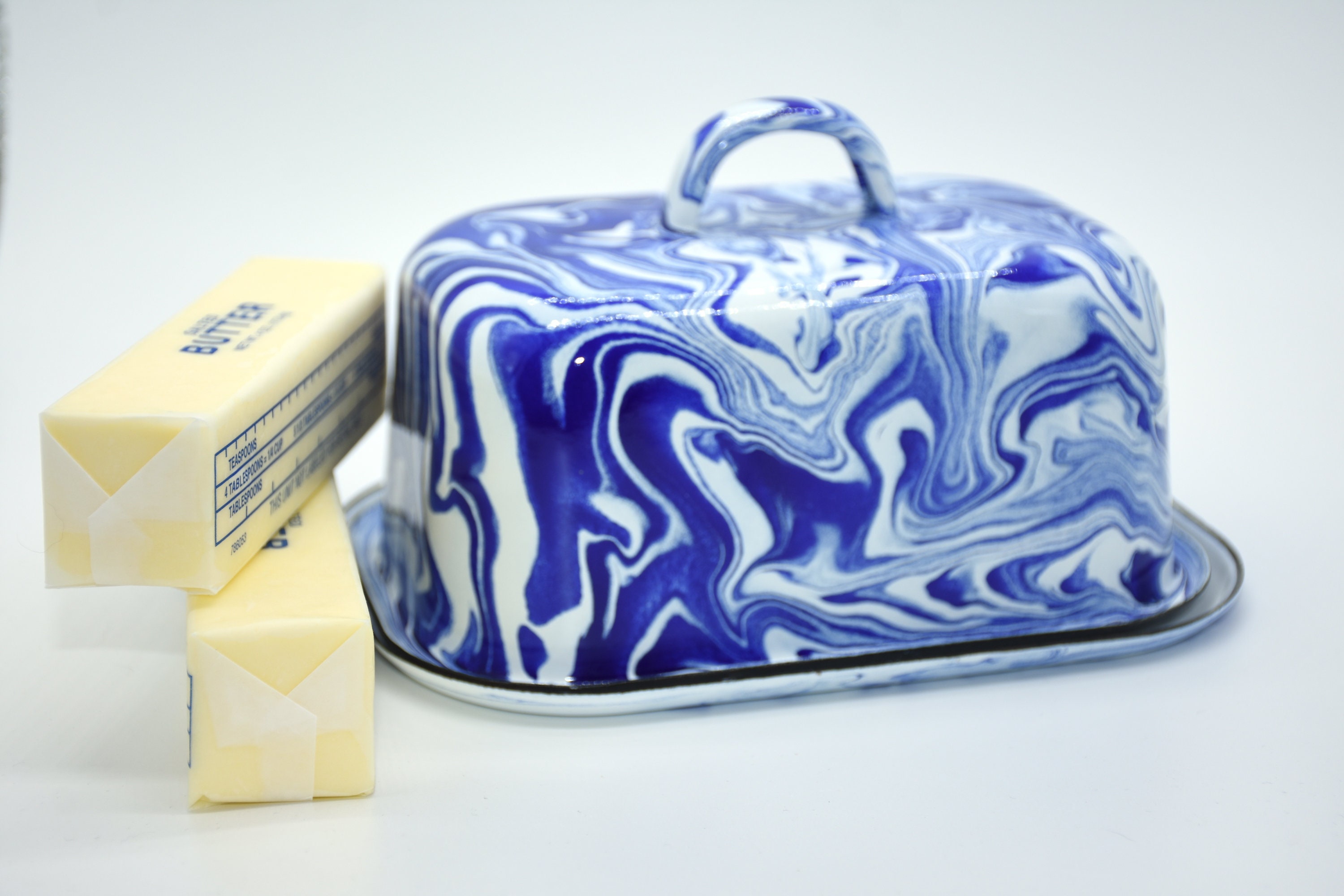 Amazing Cobalt Blue Marbled Splatter Enamelware Metal Butter Dish Vintage Style Large 1 lb Rustic Country Farmhouse Kitchen Splatterware