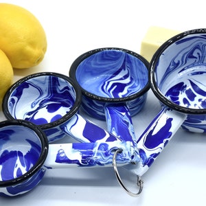 Amazing Cobalt Blue & White Marbled Splatter Enamelware Measuring Cups 1/4 - 1/3 - 1/2 - 1 Cup Metal Vintage Style Nesting Splatterware