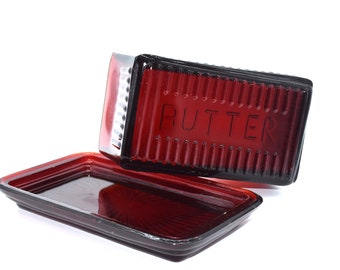Large Transparent Deep RED Clear Glass Textured Farmhouse Butter Dish Vintage Style Holds 1 lb Brick
