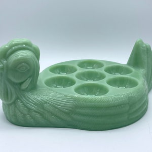 Glass Jadeite Green Vintage Depression Style Hen Egg Holder 7 Eggs Farmhouse Jade Deviled Egg Dish