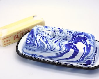 Amazing Cobalt Blue Marbled Splatter Enamelware Butter Dish Metal Vintage Style