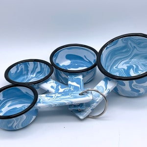 Amazing Light Blue Teal & White Marbled Splatter Enamelware Measuring Cups 1/4 - 1/3 - 1/2 - 1 Cup Metal Vintage Style Nesting Splatterware