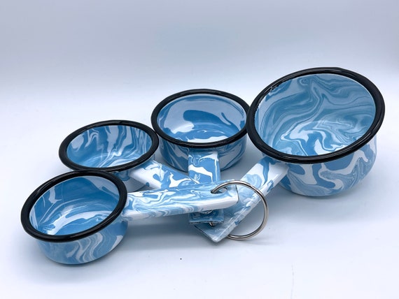 Amazing Light Blue Teal & White Marbled Splatter Enamelware Measuring Cups  1/4 1/3 1/2 1 Cup Metal Vintage Style Nesting Splatterware 