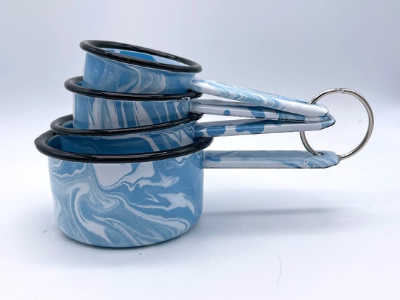 Amazing Light Blue Teal & White Marbled Splatter Enamelware Measuring Cups  1/4 1/3 1/2 1 Cup Metal Vintage Style Nesting Splatterware 