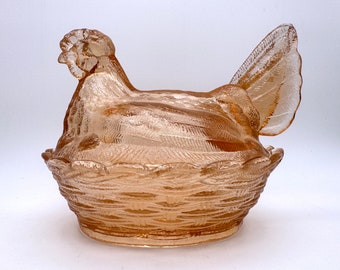 Pink Glass Vintage Style Nesting Chicken Covered Hen on Nest Medium Candy Dish Bowl with Lid Depression Style Container