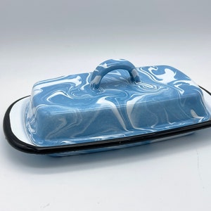 Amazing Light Blue or Teal Marbled Splatter Enamelware Butter Dish Metal Vintage Style