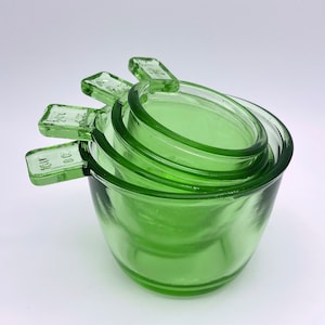 Nesting Vintage Style Stacking 4 Pc. Measuring Cups Set 1/4, 1/3, 1/2, 1 Cup Depression Style in Transparent GREEN Glass