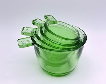 Nesting Vintage Style Stacking 4 Pc. Measuring Cups Set 1/4, 1/3, 1/2, 1 Cup Depression Style in Transparent GREEN Glass