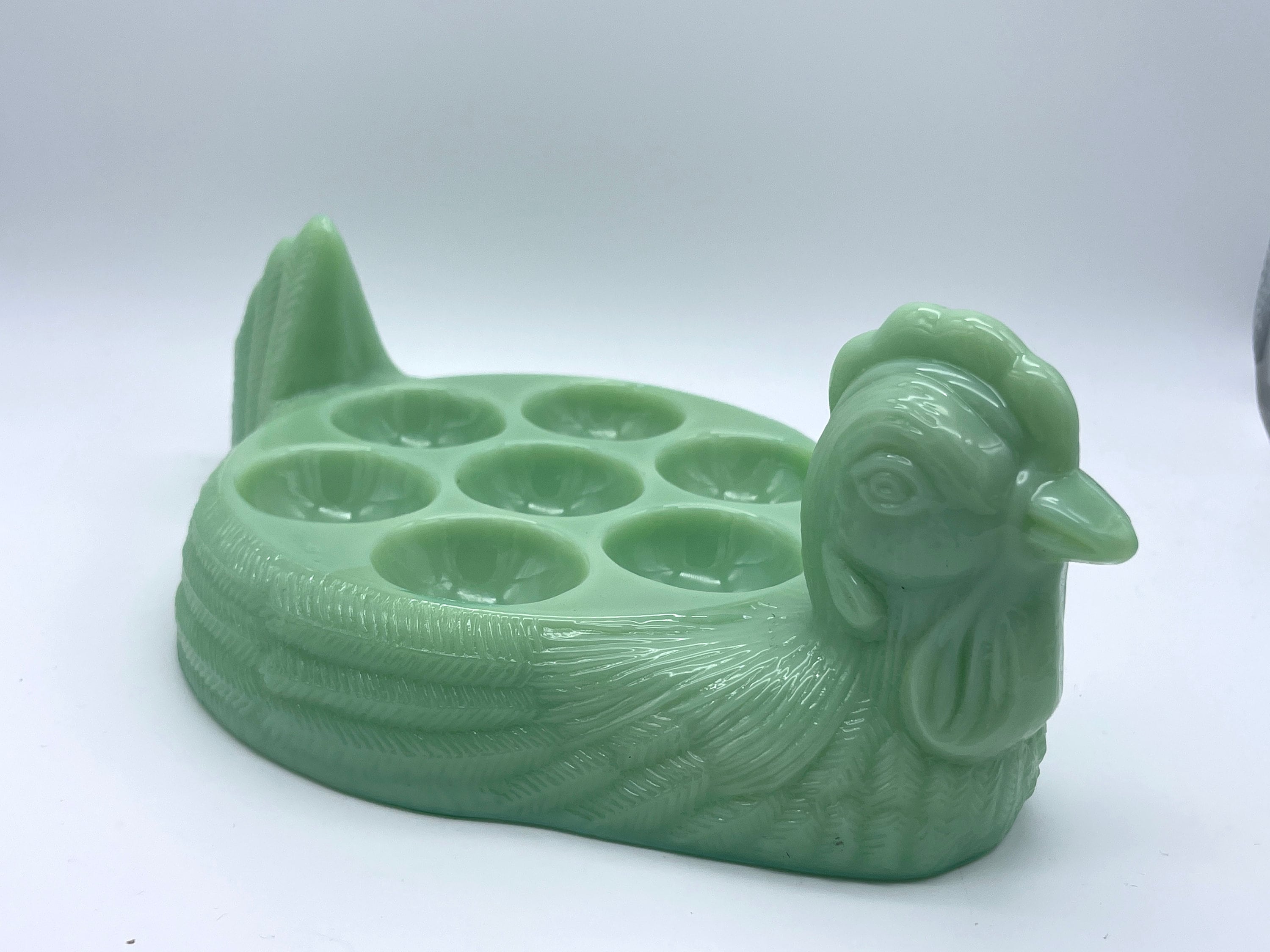 Green Glass Chicken / Hen Egg Holder Serving Dish - Holds Up To 7 Eggs