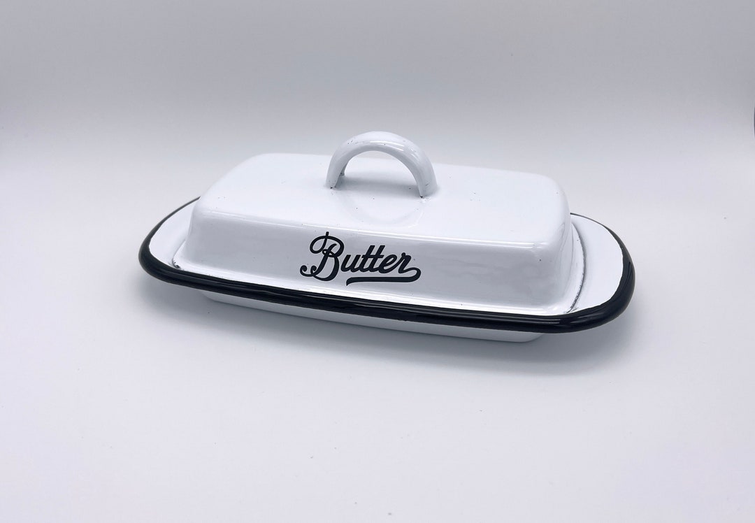 Amazing WHITE Enamelware Butter Dish Metal Vintage Style Distressed