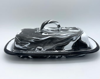 black and white butter dish