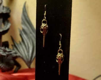 Handmade Bronze Bird Skull Earrings: Plague Doctor Mask