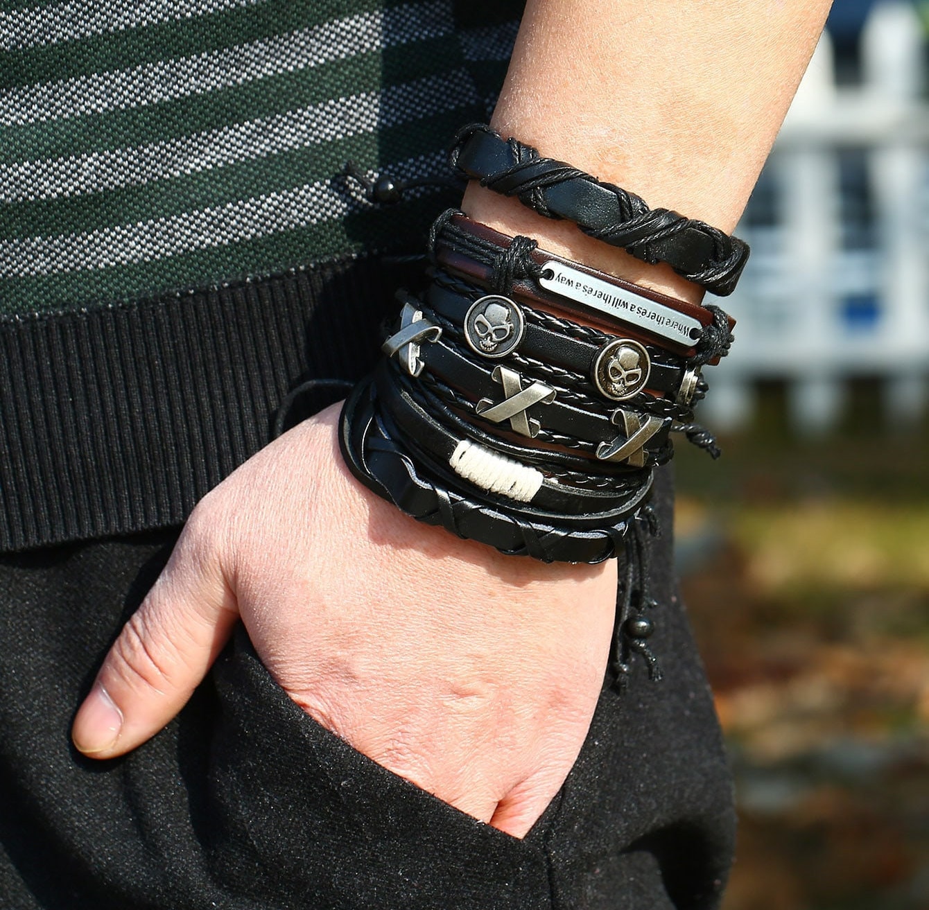 Handmade Men's Leather Bracelets 6 Pc. Set Stackable Bracelets