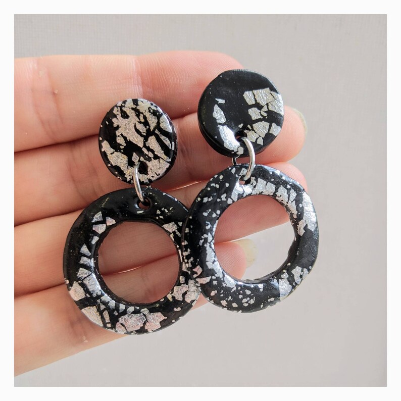 Earrings Handmade from Clay Black and silver leaf Silver leaf and black earrings From THE FANCY collection For going out out