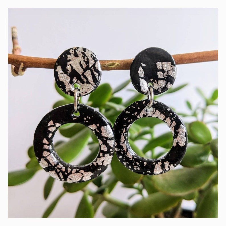 Earrings Handmade from Clay Black and silver leaf Silver leaf and black earrings From THE FANCY collection For going out out