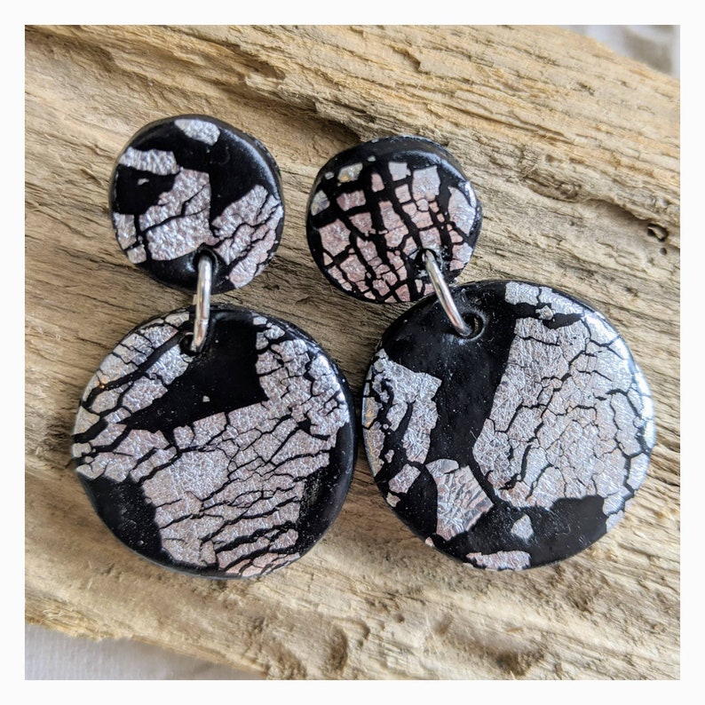 Earrings Handmade from Clay Black and silver leaf Silver leaf and black earrings From THE FANCY collection For going out out