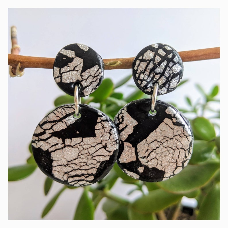 Earrings Handmade from Clay Black and silver leaf Silver leaf and black earrings From THE FANCY collection For going out out