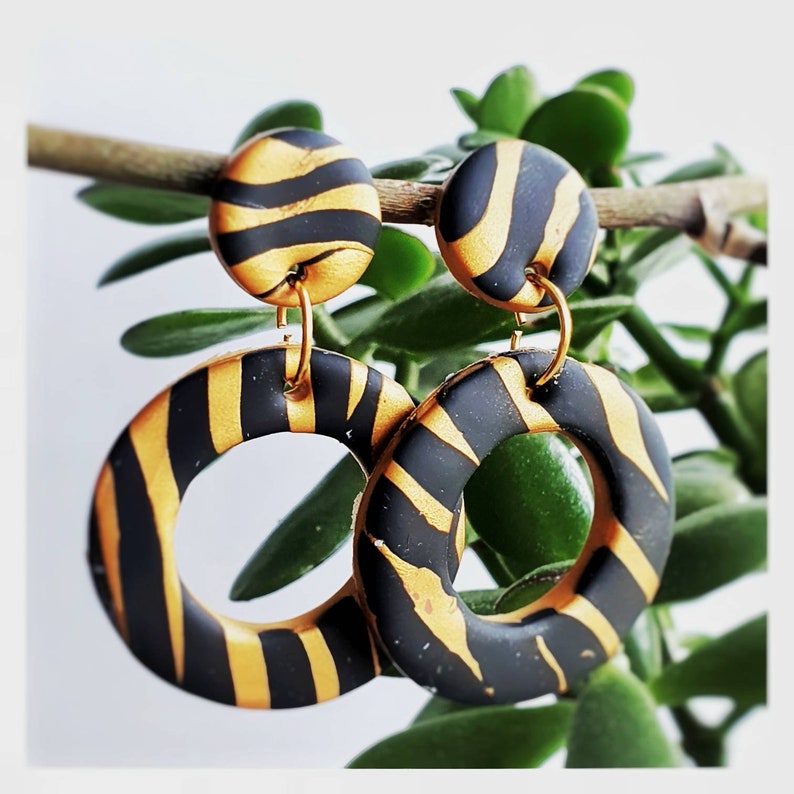 Striped Handmade Tiger Print Clay Earrings in gold and black
