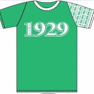 May include: A green t-shirt with white lettering that says "IOTA 1929". The sleeves have a white pattern that says "IOTA PHI LAMBDA SORORITY INC."