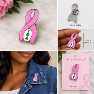 May include: A pink awareness ribbon enamel pin featuring a white oval center with a green ivy leaf symbol. The pin measures approximately 1 inch in height and includes a metal clutch back. It is displayed on a pink card with the text Hope Support Strength.
