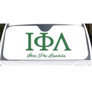 May include: White car sunshade with a green IΦΛ logo and the text "Iota Phi Lambda" in cursive.
