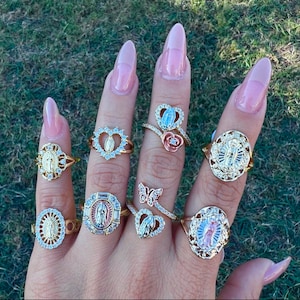 Anillos de oro de Nuestra Señora de Guadalupe - Joyas bañadas en oro - Anillos De la Virgen De guadalupe - Pulsera bañada en oro de 14K. Anillos chapados en oro