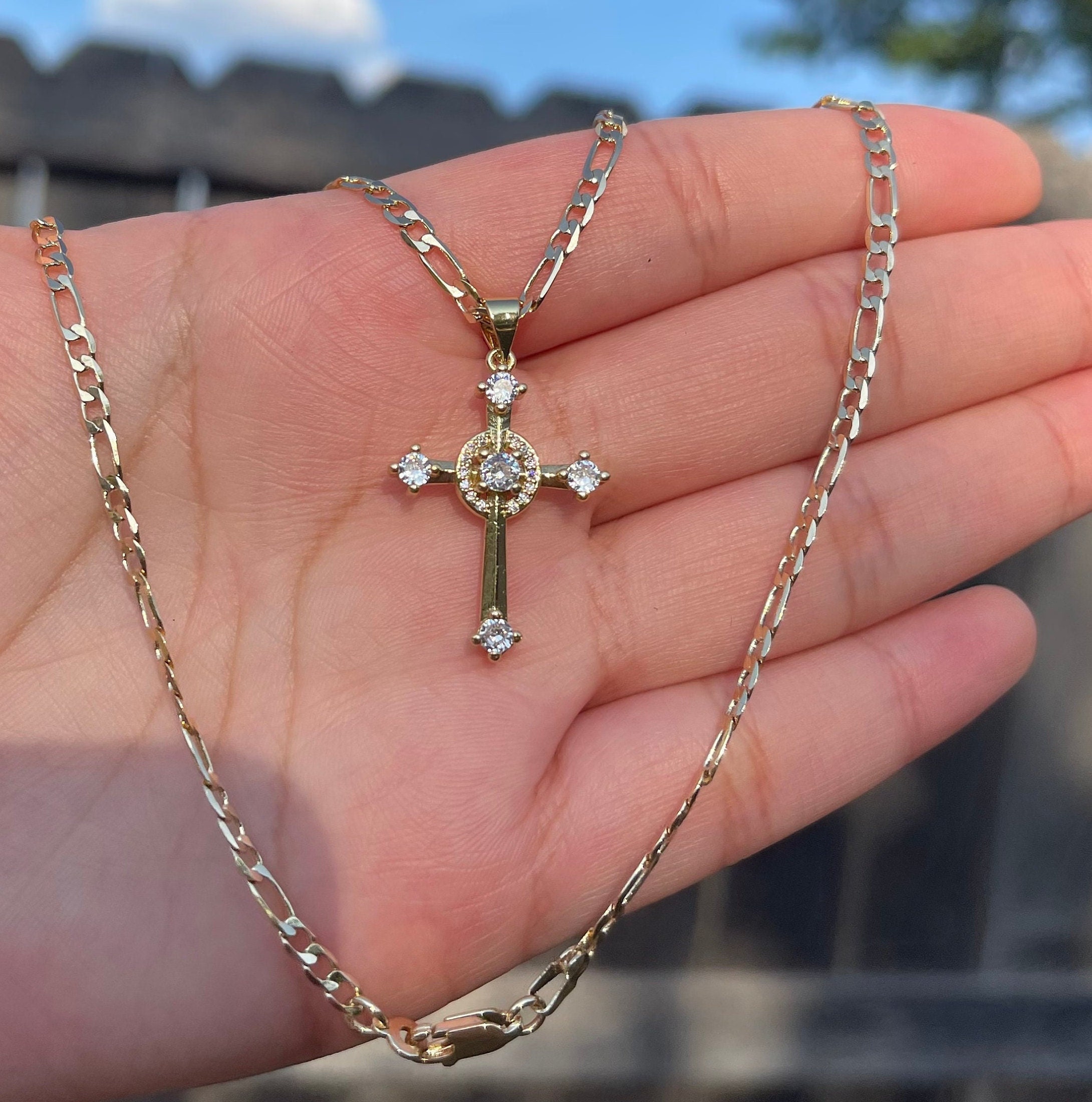 Cross Necklace. Jesus Cross Gold Plated Necklace 14K. Cadena De