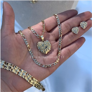 Nugget Jewelry. Jewelry set. Gold Plated Heart Nugget Set. Nugget Necklace. Nugget Bracelet. Necklace, bracelet and earrings Set
