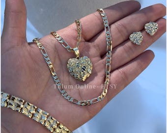 Joyería de pepitas. Conjunto de joyas. Conjunto de pepitas de corazón bañadas en oro. Collar de pepitas. Pulsera de pepitas. Conjunto de collar, pulsera y aretes.