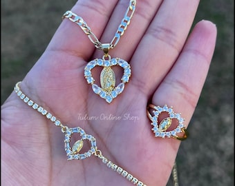 Our lady of Guadalupe Necklace, Ring and Bracelet Set. Gold plated Jewelry. Nuestra Virgen de Guadalupe cadena set. Anillo y pulsera. Oro