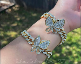 Butterfly Rhinestone Cuban Chain. Cuban Bracelet Gold Plated. Butterfly Gold Plated Bracelet