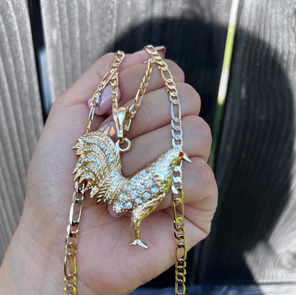 Gold Plated Chicken Rooster Figaro With Chain. Cadena De Gallo De