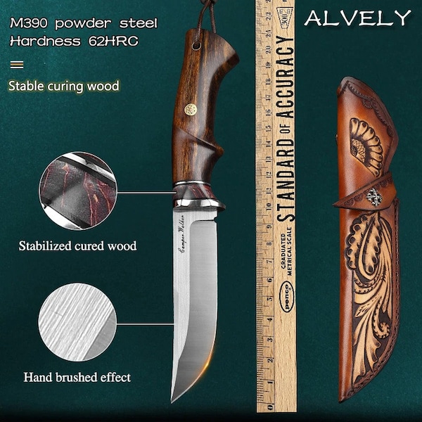 M390 Powder Steel Knife Fixed Blade, Wooden Handle Camping Knife, Outdoor Survival Tool with Sheath, EDC Knife Fixed Blade