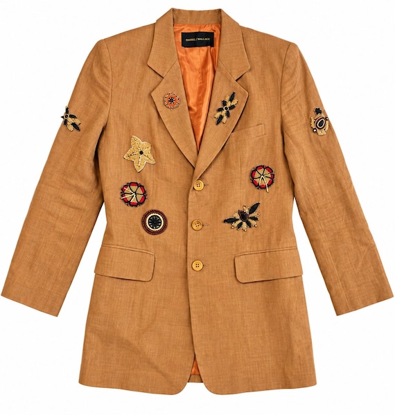 Vintage Harris Wallace Linen Blazer Size 8 Embellished Beaded Appliqué Jacket Boho Statement Longline Blazer