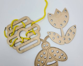 Nature Wood Lacing Cards - Montessori - dexterity - educational - developmental - coordination - Waldorf - handmade - open ended sensory