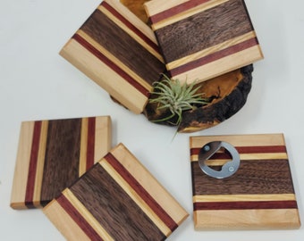 Solid wood coaster with bottle opener- handmade, walnut, padauk, ash, maples