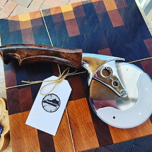 Handmade wood pizza cutter - heavy duty- lathe- walnut hickory oak- gift - spectraply - chef