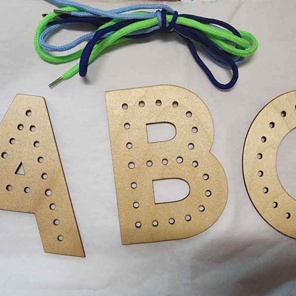 Alphabet Wood Lacing Cards - Montessori - dexterity - educational - development - coordination - Waldorf - open ended sensory- stocking