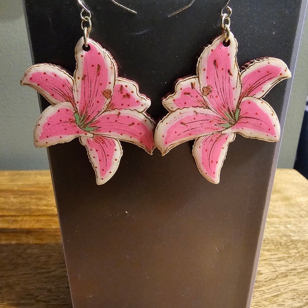 Lily dangles studs earrings- KY Derby - Oaks Lily- laser engraved wood- Churchill Downs- Louisville- horse racing- lillies- spring easter